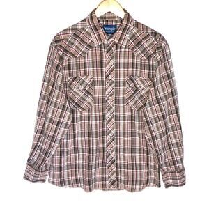 WRANGLER Men’s Brown Plaid Snap Front Western Long Sleeve Shirt